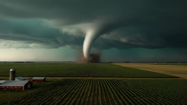 Giant Funnel Cloud in Realistic Storm Palette Depicting Extreme Weather Across Agricultural Fields