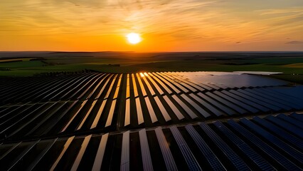 Vast solar farm bathed in golden sunset light