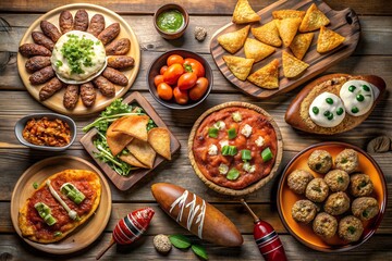 An overhead shot of a delicious and diverse selection of dishes, featuring meats, vegetables, breads, and more, arranged artfully on a rustic wooden table