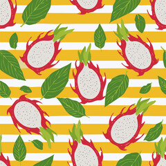 Seamless pattern with dragon fruits and tropical green leaves on a yellow and white striped background. Ideal for textiles, packaging, wallpaper, and summer decor
