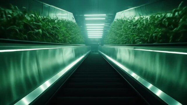Futuristic escalators with vibrant green plants
