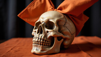 Decorative skull on orange cloth with napkin in dark setting  