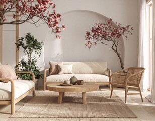 Bright living room interior, harmonious blend of Japanese minimalism and Scandinavian warmth