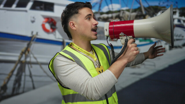 Young hispanic man in reflective vest uses megaphone at seaside port near boat during volunteer activity highlighting community engagement outdoors - Powered by Adobe