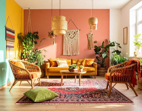 Bright bohemian living room interior