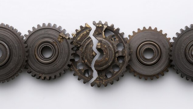 Close-up of broken gears with intricate details and metallic textures on a white background