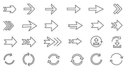Collection of black arrow icons for web and mobile interface design. Set of various directional symbols for navigation and pointers.