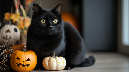 ハロウィン飾りと黒猫の室内シーン/Black Cat with Halloween Decorations Indoors
