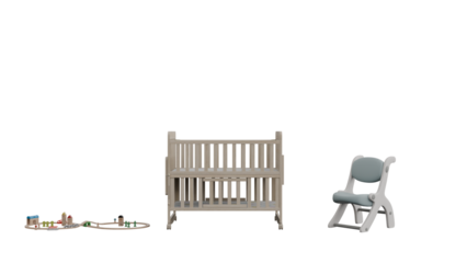 3D Render a baby crib and a chair next to a train track
