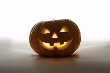 Fototapeta premium Spooky Halloween vibes with a glowing jack-o'-lantern ready to bring festive fun to your designs or social media this autumn season