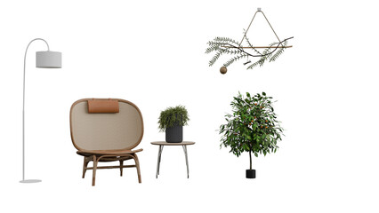 3D Render a living room with a chair table lamp and plant