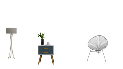 3D Render a white chair a table and a lamp