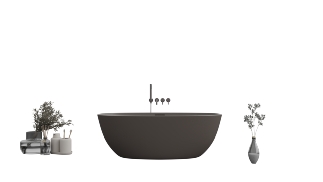 3D Render a bathtub and a vase with plants in it