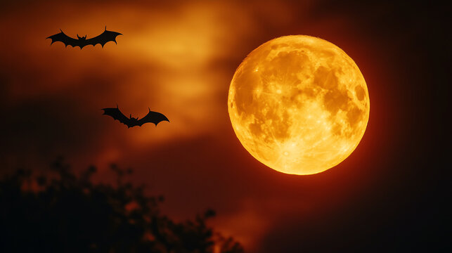 オレンジ満月と飛び立つコウモリの夜景/Orange Full Moon with Flying Bat Silhouettes