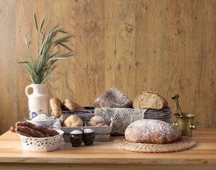 Traditional bakery products no. 2 in an arranged composition. Bread, loaves, rolls, croissants, pretzels, challah, ears of grain, baked goods, porcelain jug, brass mortar, traditional decoration.