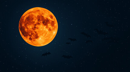 オレンジ満月と飛び立つコウモリの夜景/Orange Full Moon with Flying Bat Silhouettes