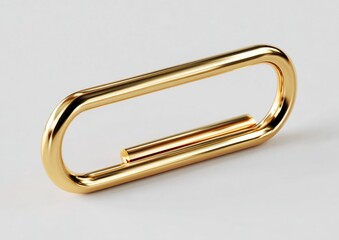Floating golden paper clip macro shot, surreal metal texture on white void background, minimalist office supplies business concept, abstract metal object isolated on pure white space