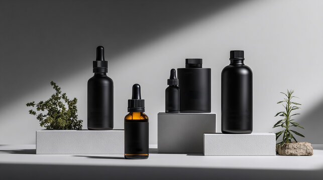 STILL LIFE DI FLACONI NERI PER PRODOTTI COSMETICI E PER LA CURA DEL CORPO