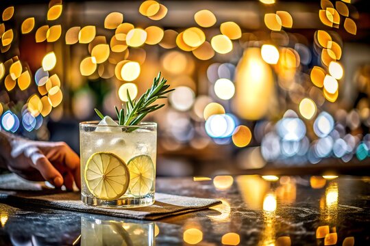 Refreshing gin tonic cocktail with lemon and rosemary on a bar table with bokeh lights in the background, perfect for a summer party or a night out