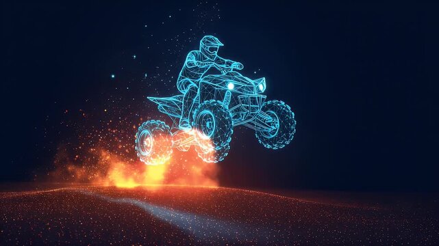 Glowing blue wireframe ATV jump animation
