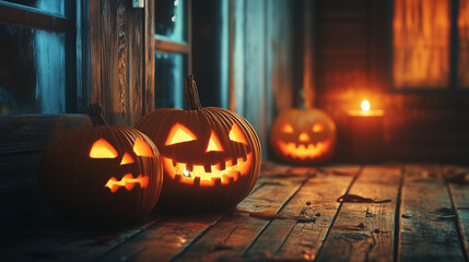 Obraz premium 夜に灯るジャックオーランタンのかぼちゃランタン/Glowing Jack-o'-Lanterns with Candles at Night