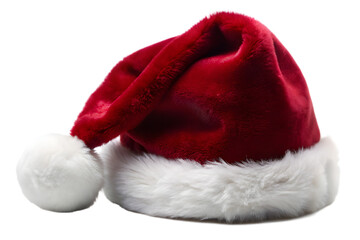 Red santa claus hat with white fluffy trim and pompom, isolated on transparent background