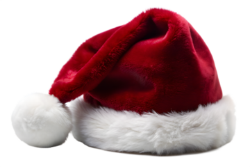 Red santa claus hat with white fluffy trim and pompom, isolated on transparent background