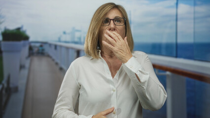 Fototapeta premium Middle aged woman wearing glasses clutching chest on sunlit cruise boat deck; heartattack pain shock.