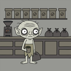 Cartoonish house elf stands looking sad holding a cup near coffee making equipment