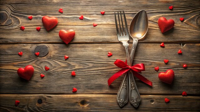 Romantic valentines day dinner setting with heartshaped candies, vintage cutlery, and a red ribbon on a rustic wooden table background - Powered by Adobe