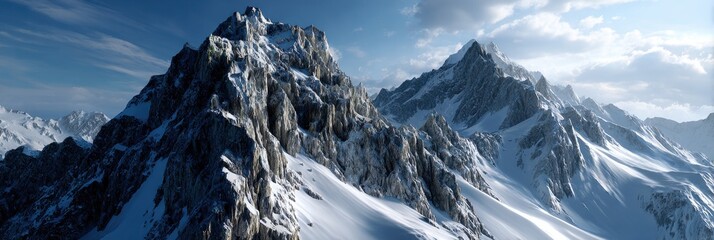 A mountain range covered in snow with a clear blue sky in the background
