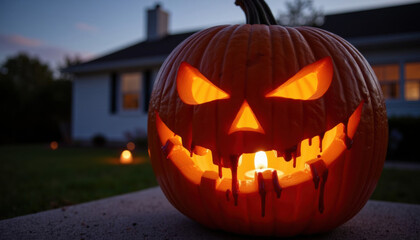 Fototapeta premium Carved pumpkin with glowing face on porch during Halloween evening 