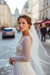 Naklejka premium Bridal portrait in historic paris street romantic scene urban setting soft light