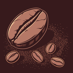 Artistic coffee bean layout portrays several smaller beans on a brown surface perfectly