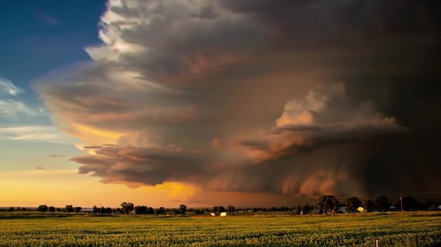 Ultra-realistic AI illustration of mammatus clouds forming before a giant tornado, illuminated by golden sunset light over rural farmland. This image is an AI-generated illustration, not a real photo.