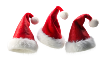 Three red santa hats with white fluffy trim and pompoms, arranged together and isolated on a transparent background