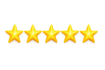 Five golden stars representing a five star ranking on a transparent background, ideal for customer satisfaction surveys