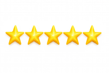 Five golden stars representing a five star ranking on a transparent background, ideal for customer satisfaction surveys