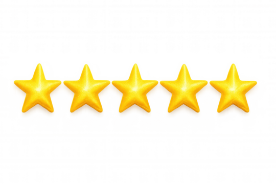 Five golden stars representing a five star ranking on a transparent background, ideal for customer satisfaction surveys