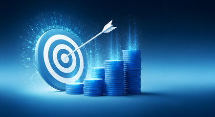 Stacked coins and poker chips with futuristic circular HUD interface