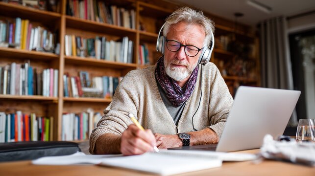 Senior man working on laptop in a cozy intellectual home office environment