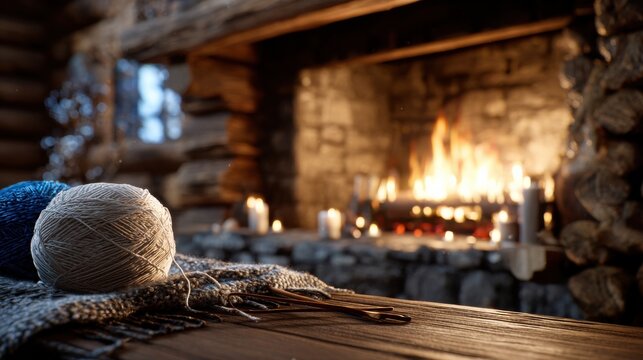 A cozy fireplace with a knit ball and a knitted blanket on a table