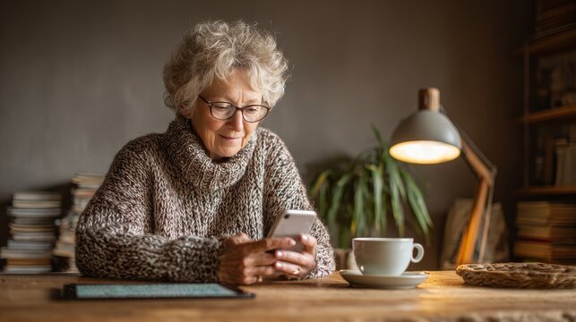 Engaging senior woman using smartphone at home cozy environment lifestyle concept