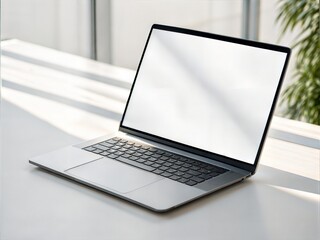Modern MacBook Laptop on White Desk in Bright Office Interior