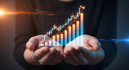 Businessman Holding Glowing Financial Bar Chart and Rising Stock Market Graph in Hands, Representing Investment Growth and Business Success