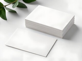 Blank White Business Cards Stack Mockup with Green Leaves on White Background