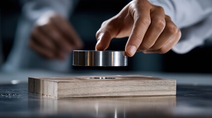 A person is holding a metal object on a wooden surface
