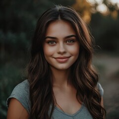Fototapeta premium Beautiful Young Woman with Dark Brown Hair and Hazel Eyes