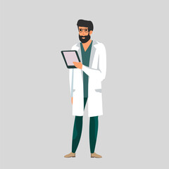 Male doctor with beard holding tablet in hand, flat illustration on gray background