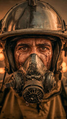 Fototapeta premium Exhausted Firefighter Captured in Close Up, Face Streaked With Ash and Illuminated by Fiery Glow, Respirator Mask Appears Ready for Duty Amidst Chaos